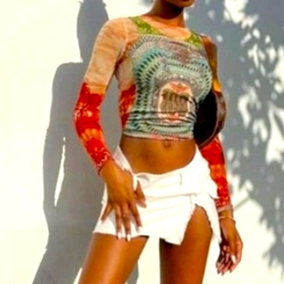 Unique Banknote Long Sleeve Graphic Crop Sexy Mesh Sheer Streetwear T Shirts - Picture 15 of 15